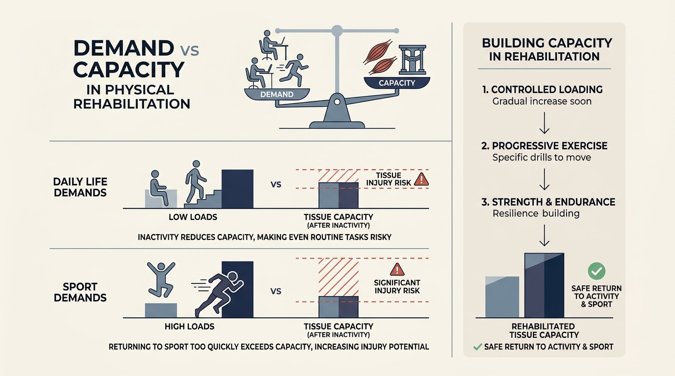 Why Does Pain Come Back After Resting? (The Demand vs. Capacity Trap) Demand vs Capacity in Physical Rehabilitation Infographic