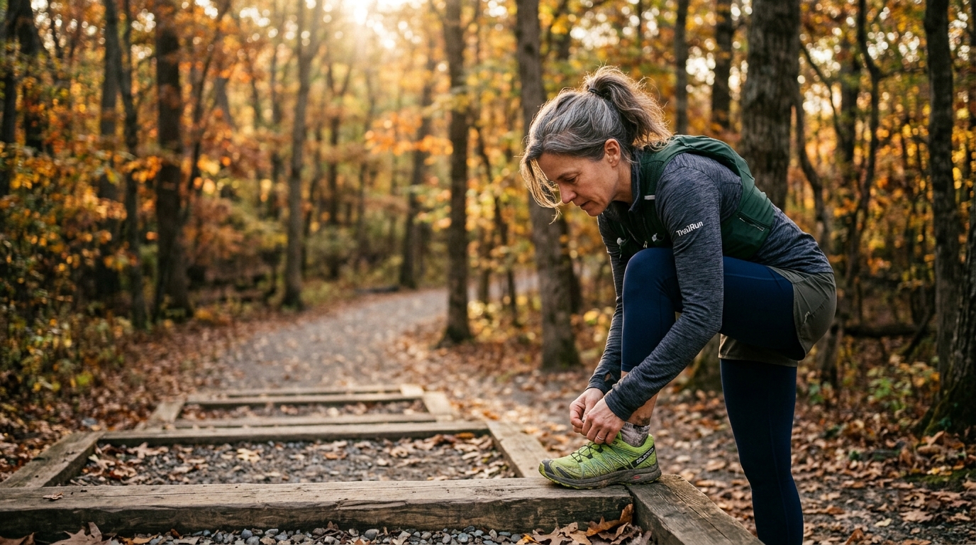 Active adult paused on a trail adjusting running shoes, representing returning to exercise after injury recovery.